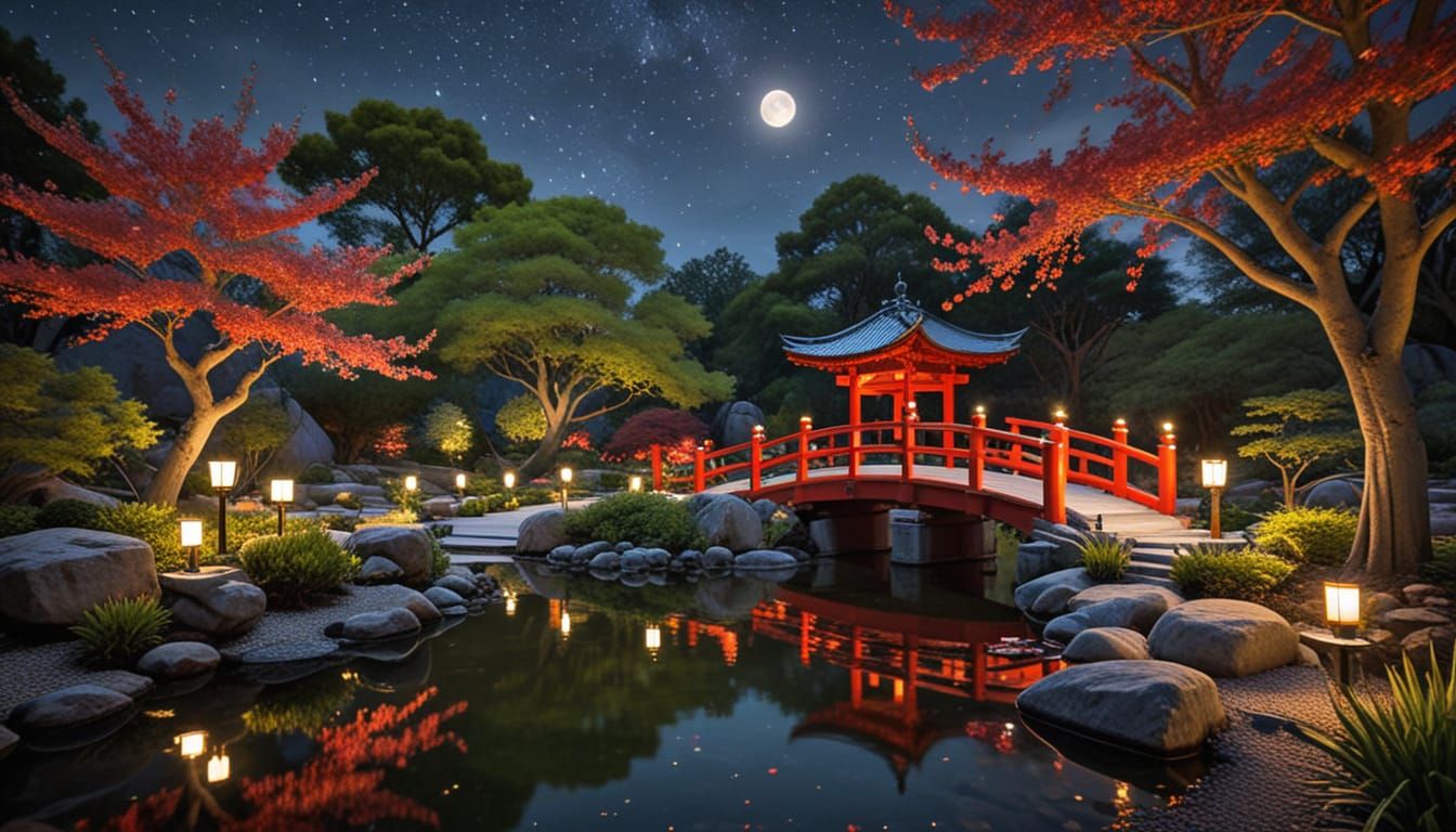 Serene Asian Garden Bathed in Moonlight