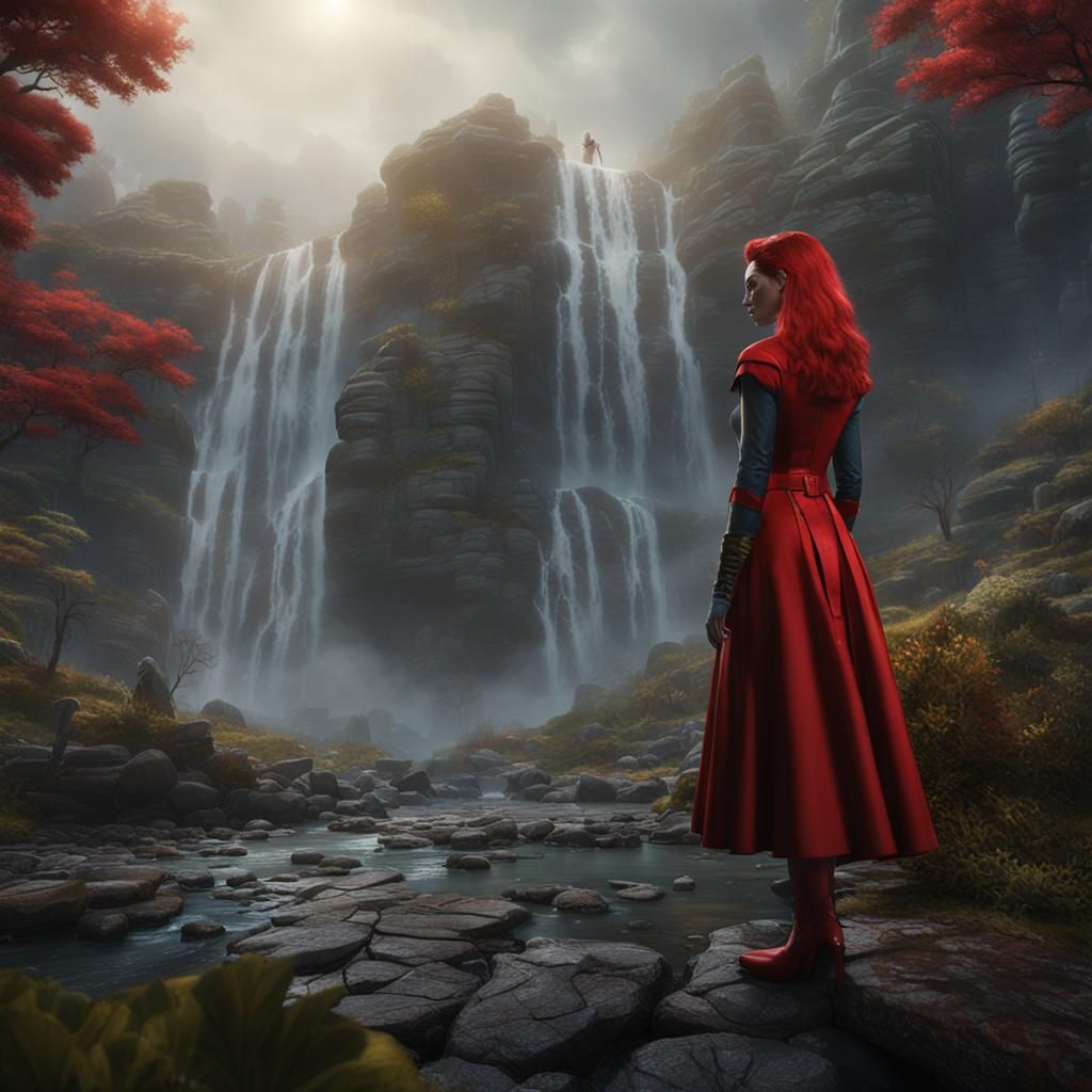 Jean Grey in Red and Yellow Dress by Waterfall