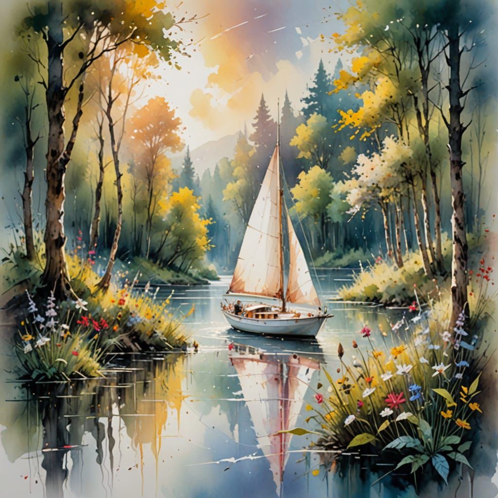 Vibrant Forest Watercolour Landscape with Sailing Boat