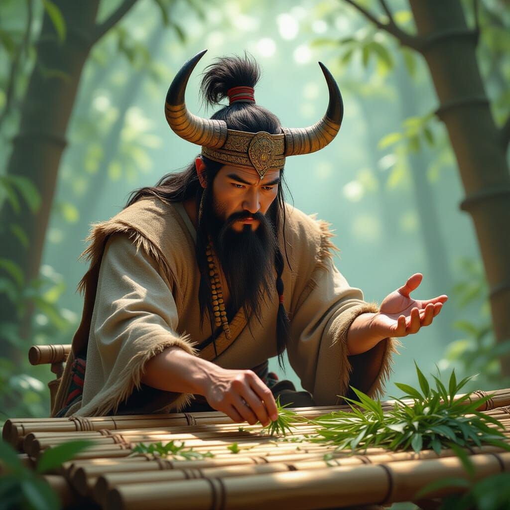 Shennong Grabs Poisonous Herb in Forest Sunlight
