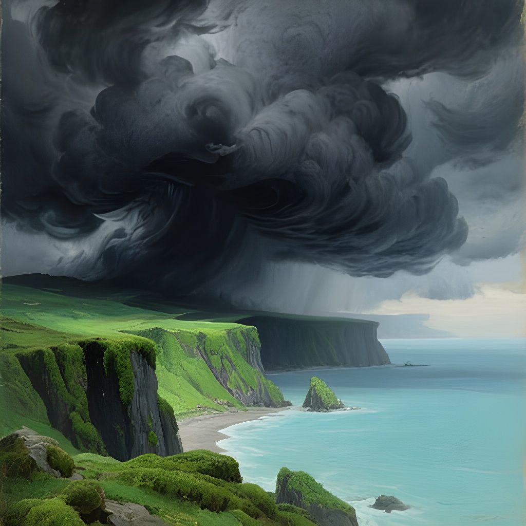 Epic Oil Painting of Storm Cloud Over Green Coastline