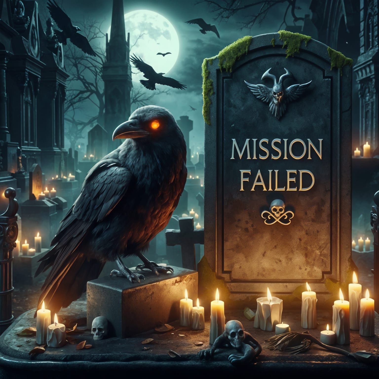 Gothic Raven Perched on Haunting Gravestone in Dark Cemetery