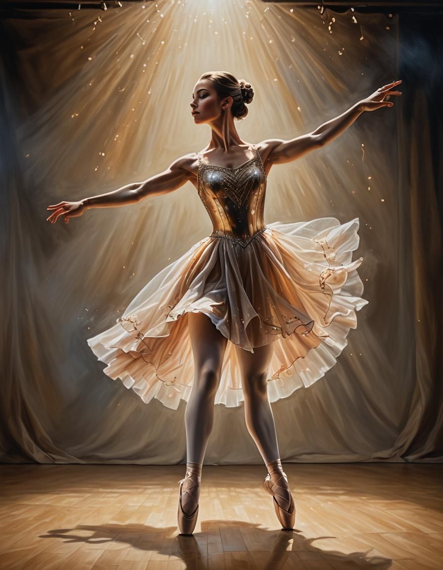 Ballerina in Dramatic Spotlight: Photorealistic Oil Painting