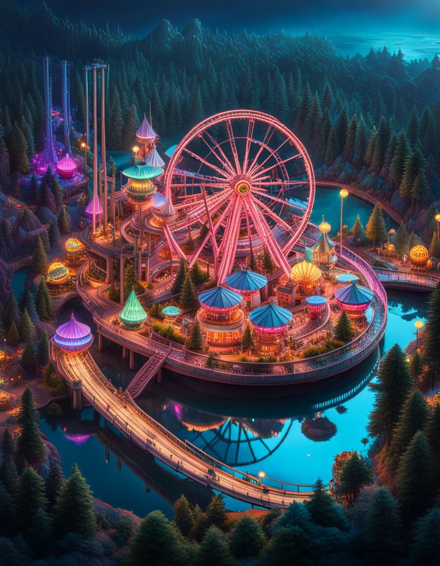 Surreal Cyberpunk Floating Theme Park Diorama