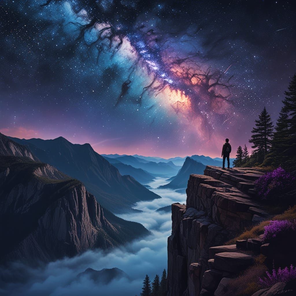 Traveler Gazes at Nebula: Vivid Digital Landscape