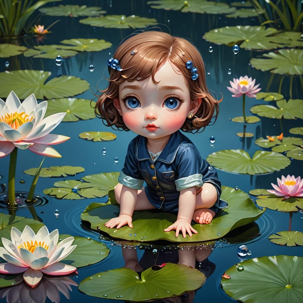 Chibi Blueberry on Lily Pad, Detailed Digital Art