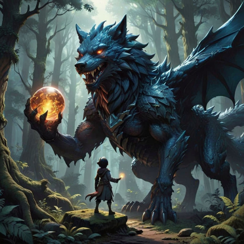 Dragon-Wolf Offering Orb of Light in Manga Scan Style