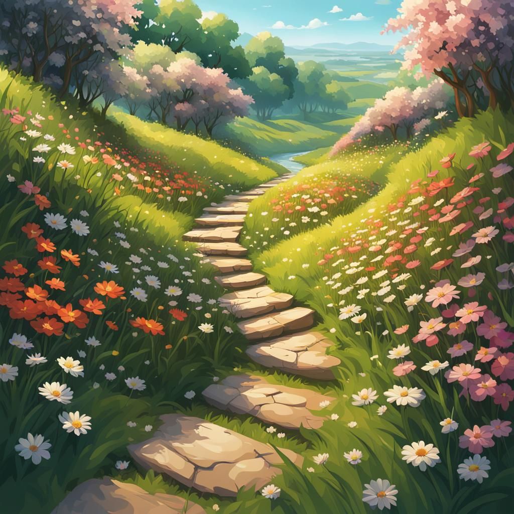 Hyperrealistic River Path with Wildflowers