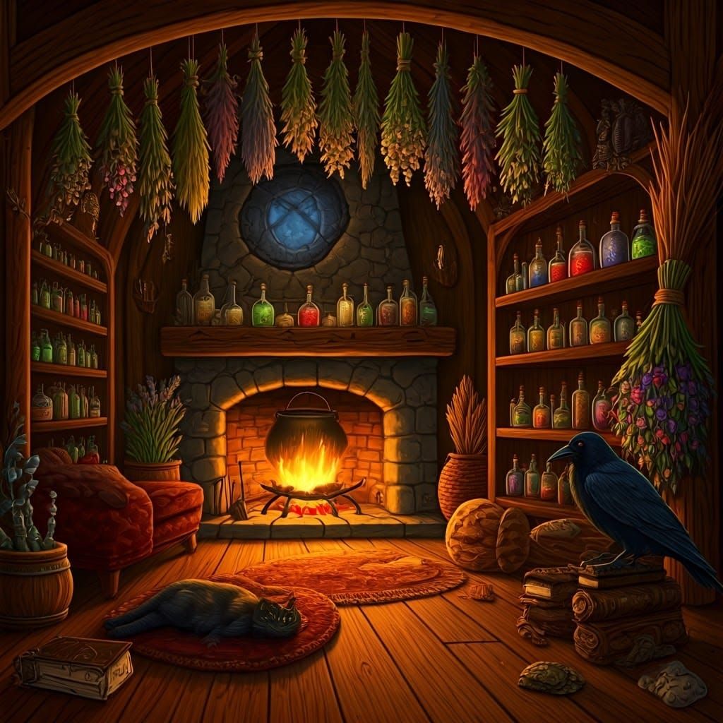 Enchanted Witch's Cottage in Whimsical Folk Art Style