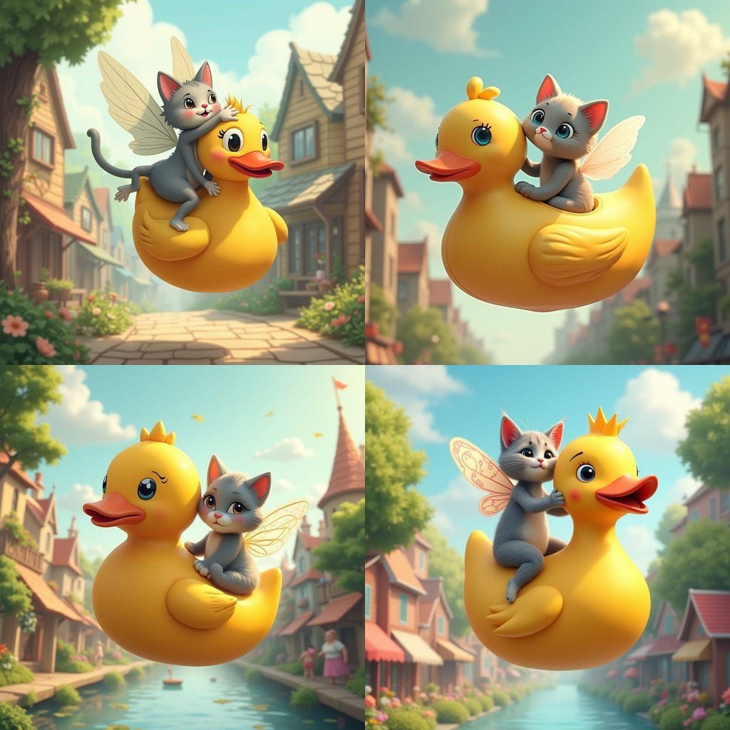 Cartoon Cat Fairy Rides Rubber Duck Ballerina in Whimsical P...