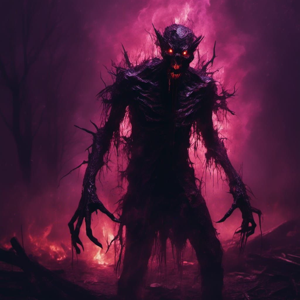 Evil Demon Breathing Hellfire in Burning Village