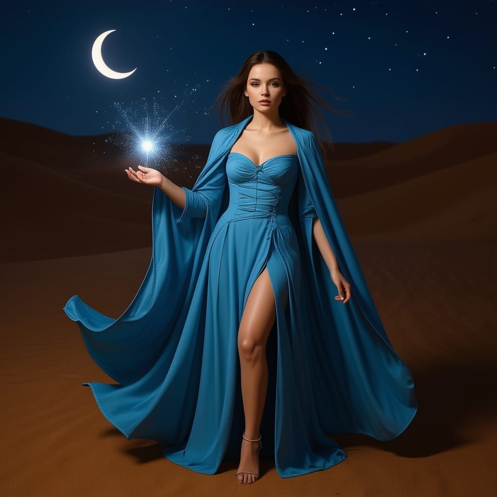 Desert Maiden in Blue Cloak at Night