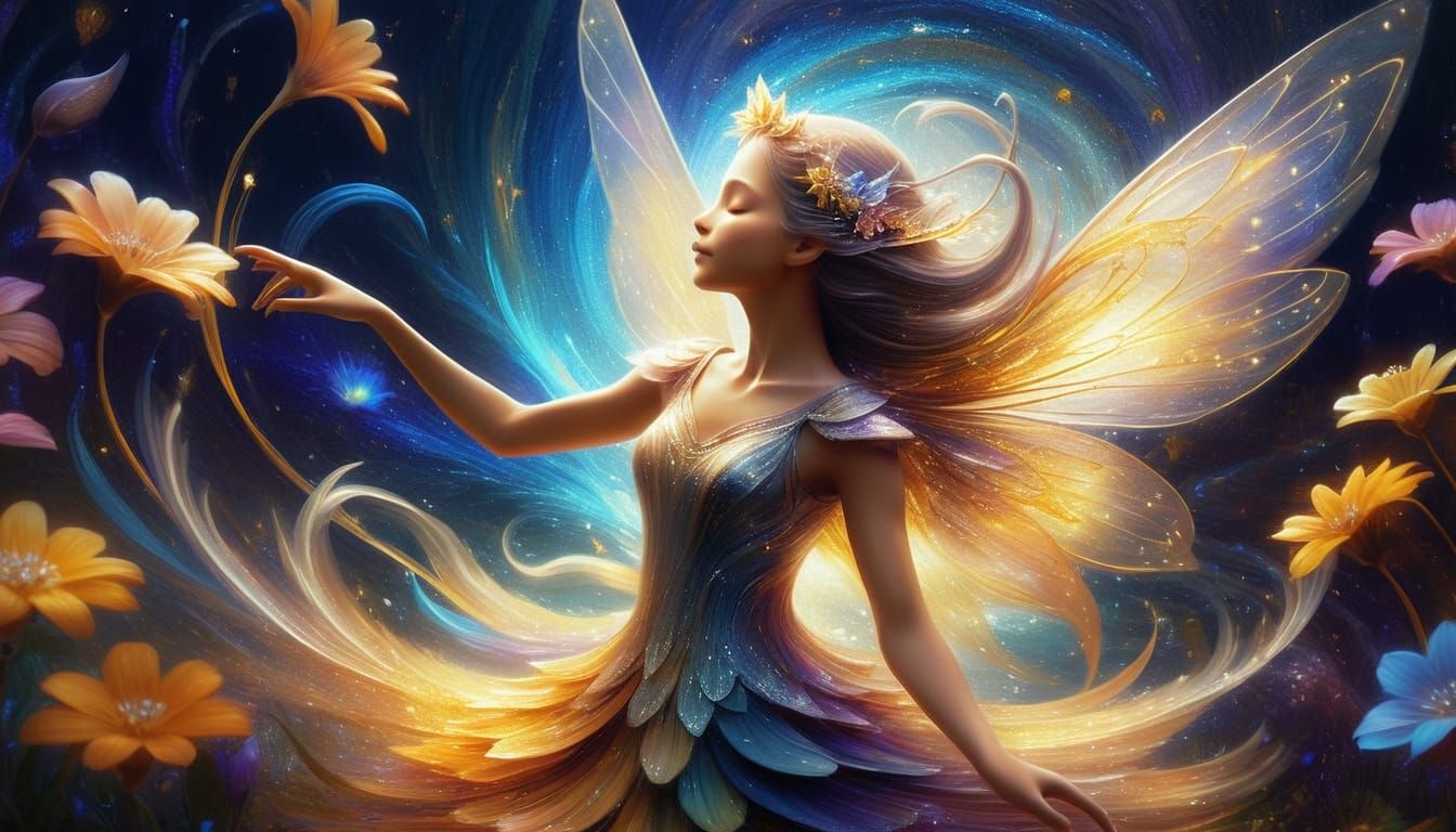 Fairy Dances in Colorful Flower Garden, Oil Painting