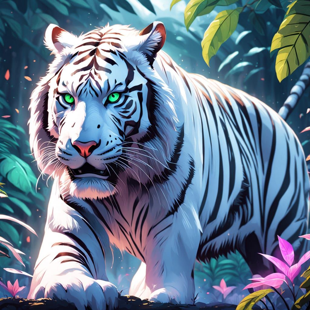 Little Girl Comforted by a Majestic White Tiger in a Jungle....