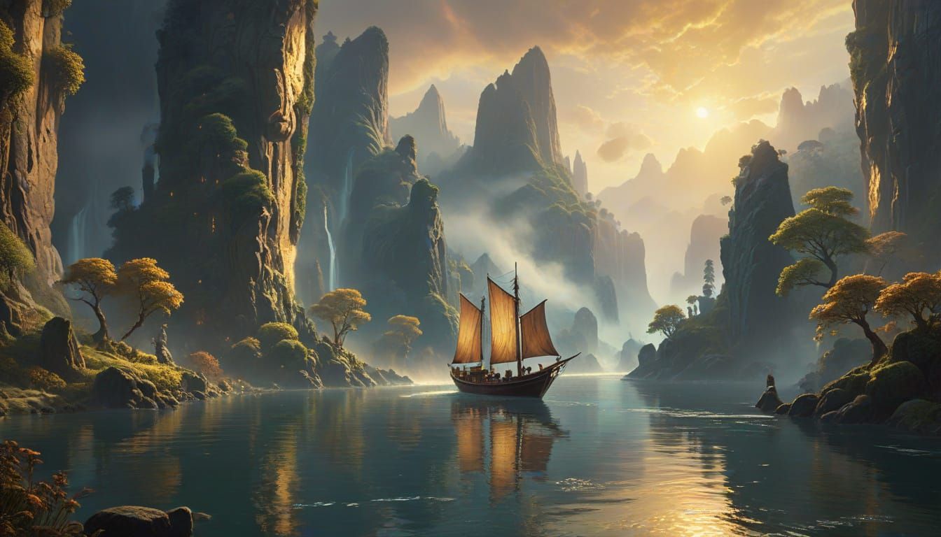 River Boat Drifts Past Argonath Statues