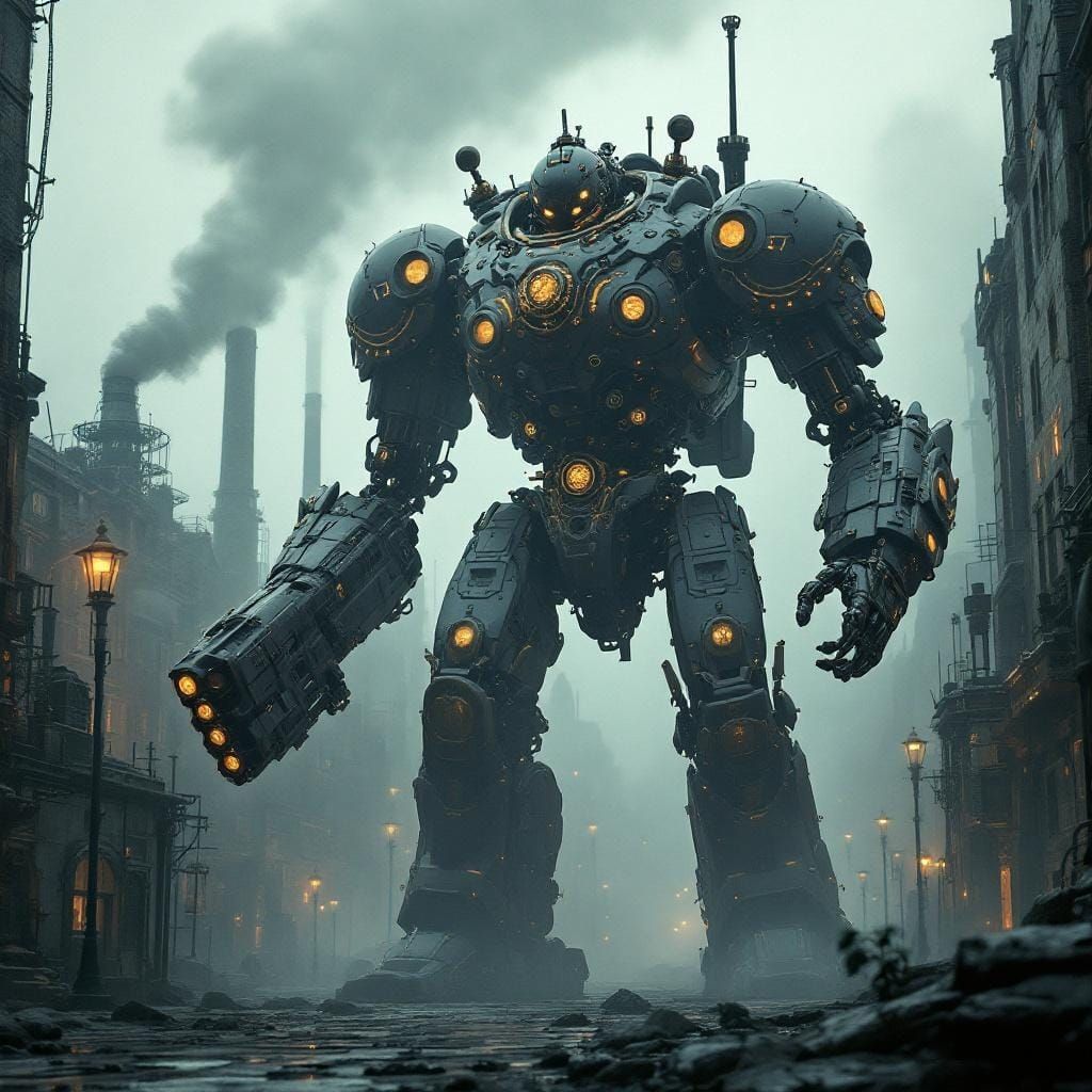 Steampunk Robot Stalks Misty City in Giger Style