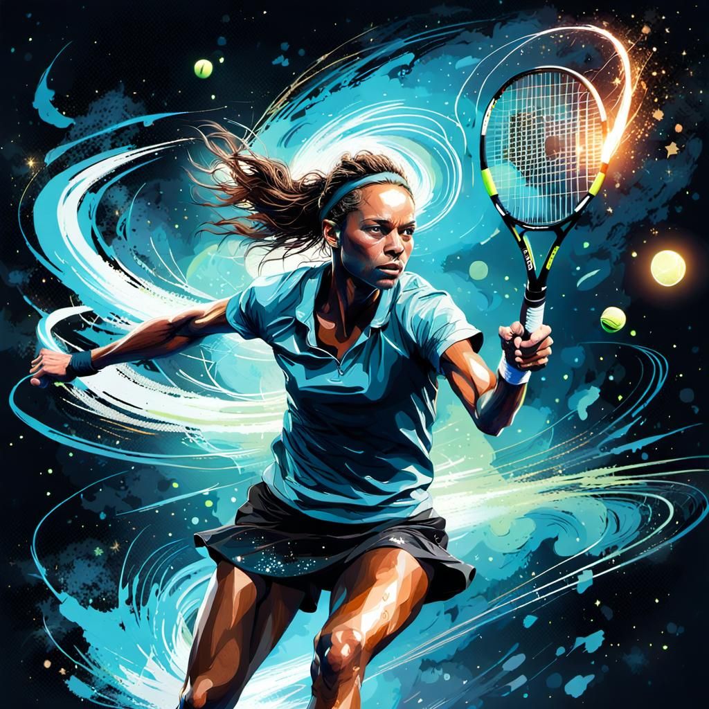 Tennis Player in Action Under a Meteor Shower
