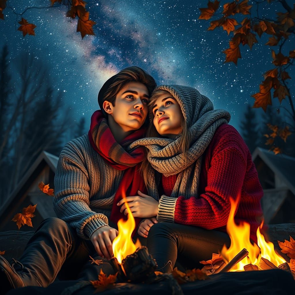 Cozy Bonfire Under the Stars: Hyper-realistic Portrait