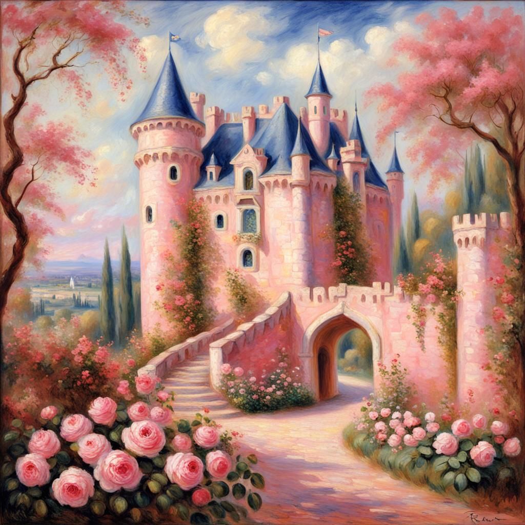 Pink Fantasy Castle in Impressionist Style