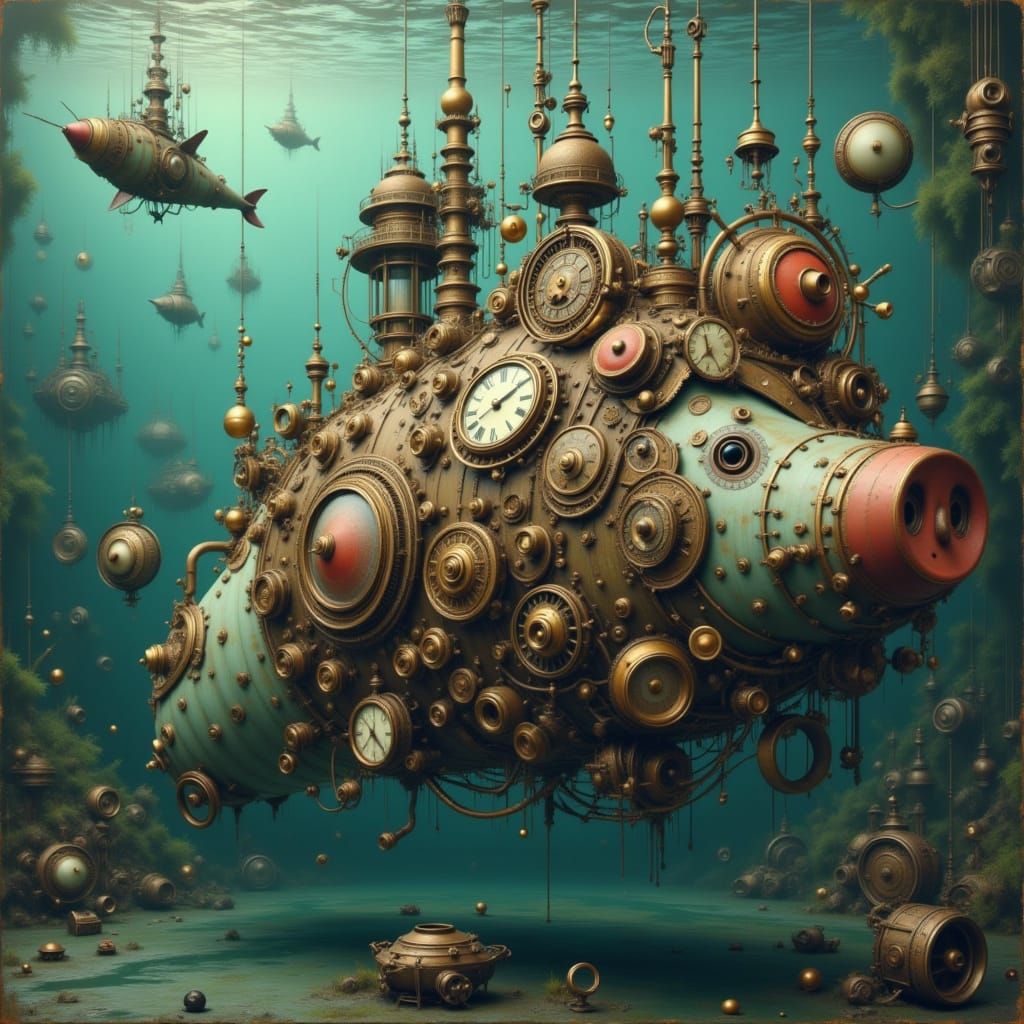 Steampunk Submarine Pig in Jules Verne Style
