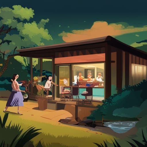 Crowded 1950s Diner with Jungle Waterfall