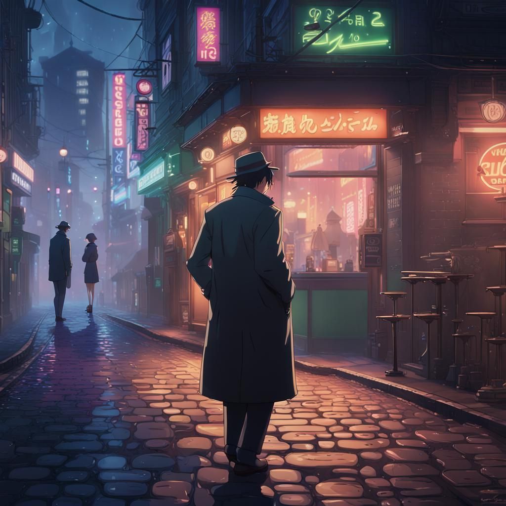 Noir Gangster in Anime Style Outside Nightclub