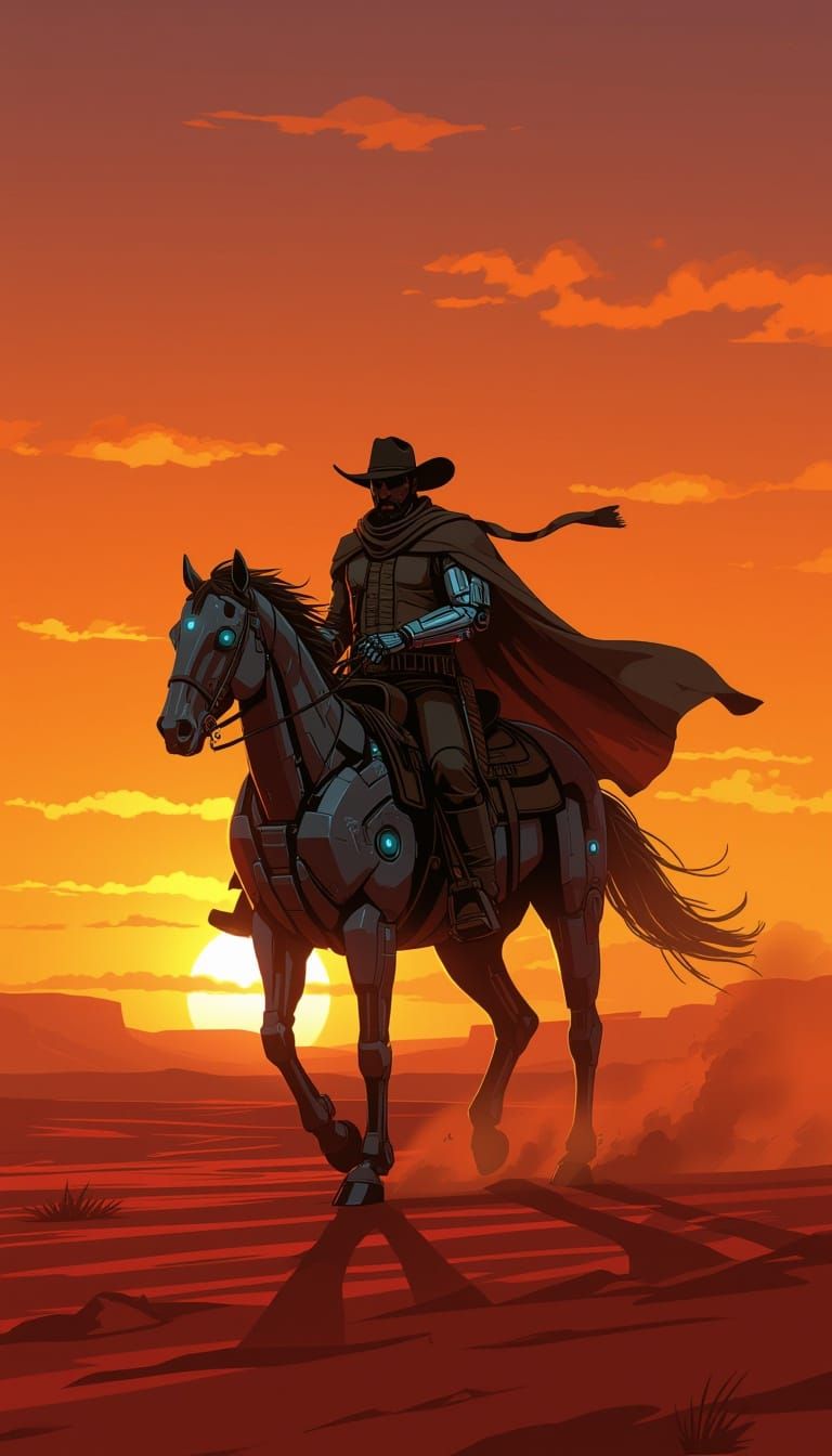 Cyber Cowboy Rides Robot Horse on Red Planet