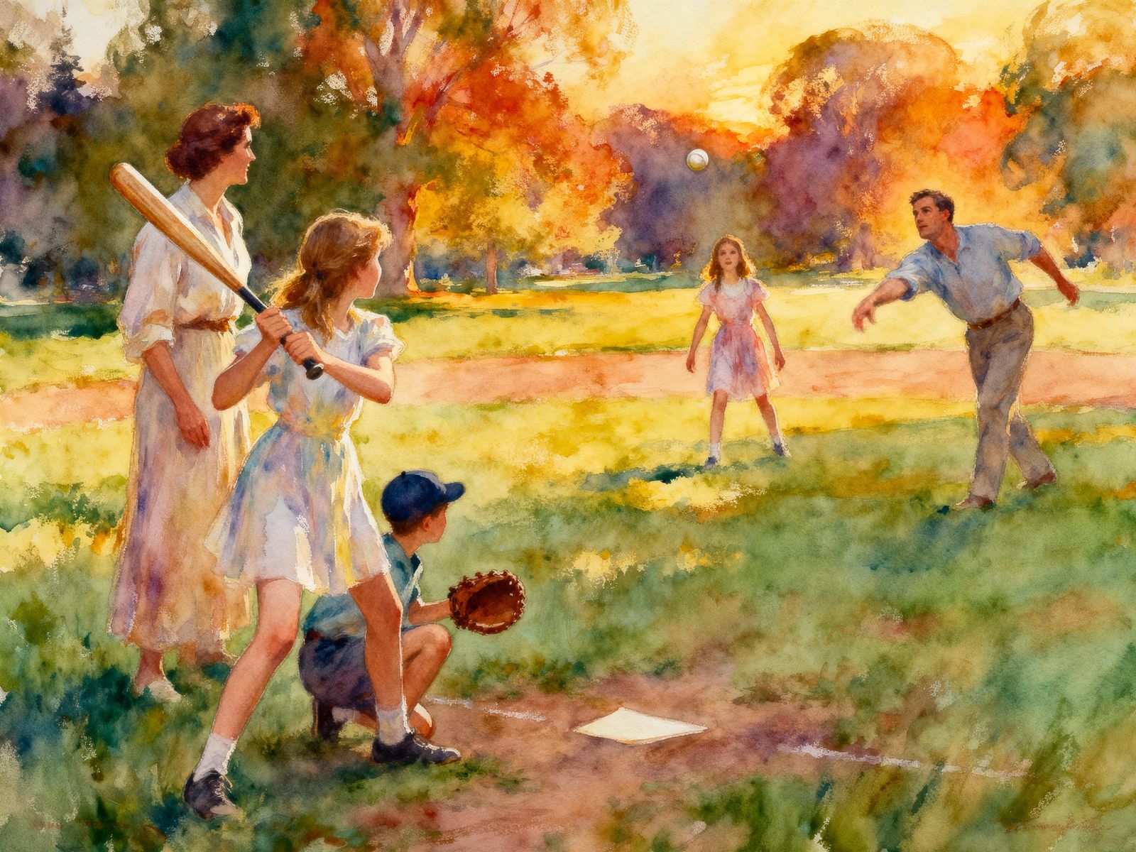 Joyful Family Plays Baseball in Golden Hour Park