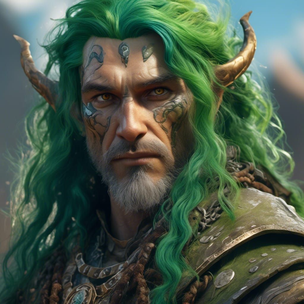 Green-Haired Druid Genasi in Hyperreal Style