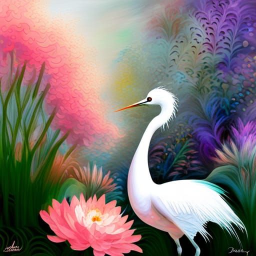 Glass Crane in Rainy Japanese Garden