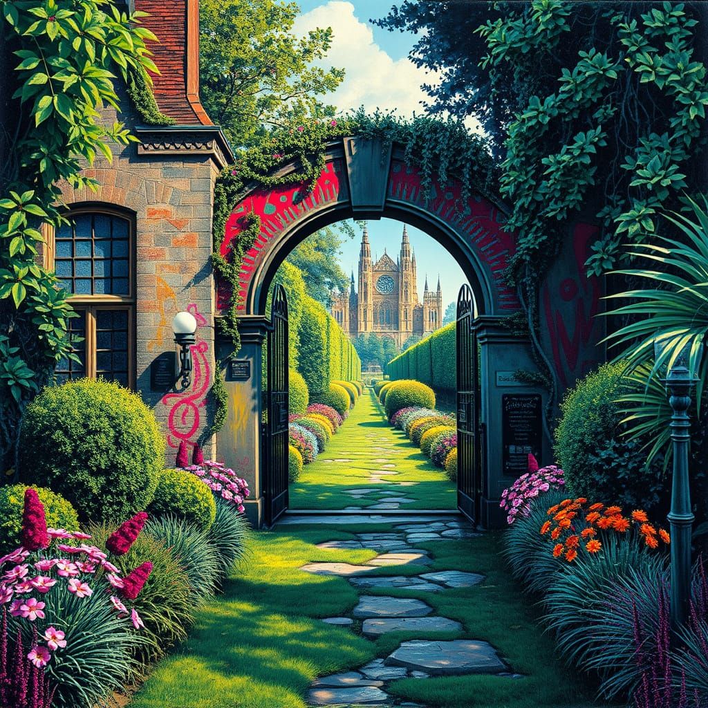 A traditional English garden with a gateway. The gateway is ...