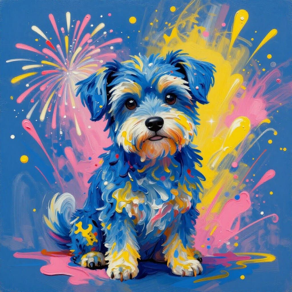 Fluffy Puppy with Vibrant Paint Splatter Background