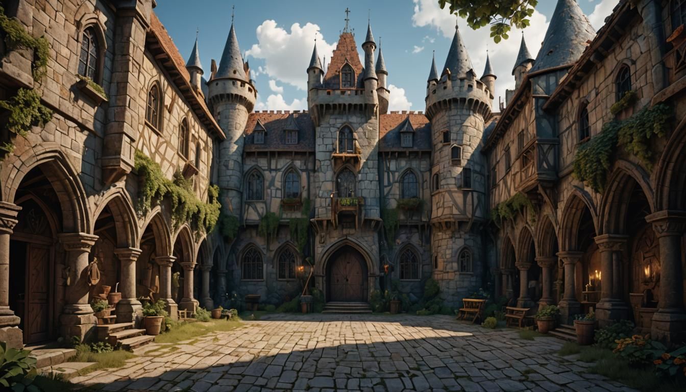Medieval Castle Courtyard: Detailed Matte Painting