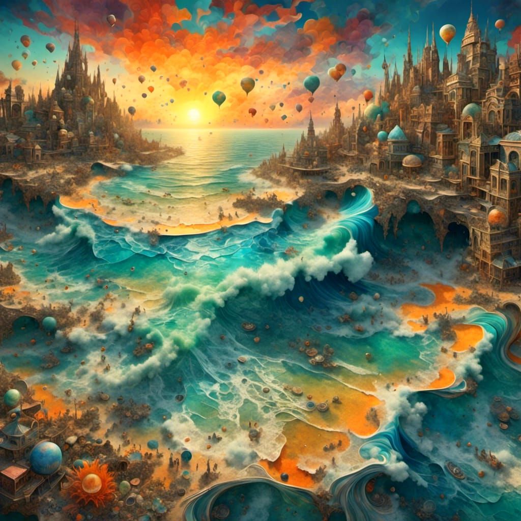Sunset on Beach in Neosurrealist 3D Fractal Style