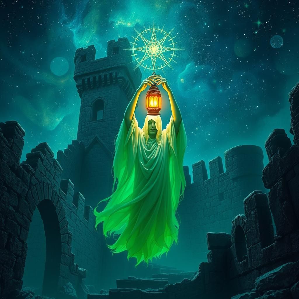 Ethereal Green Specter in Ancient Castle Ruins