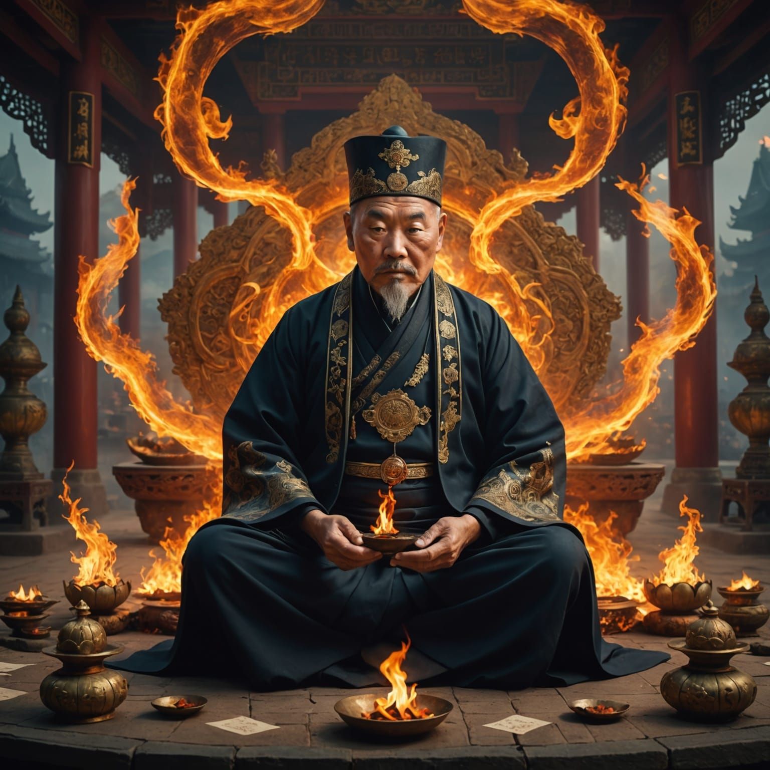 Wise Chinese Magician Conjures Fire Letters
