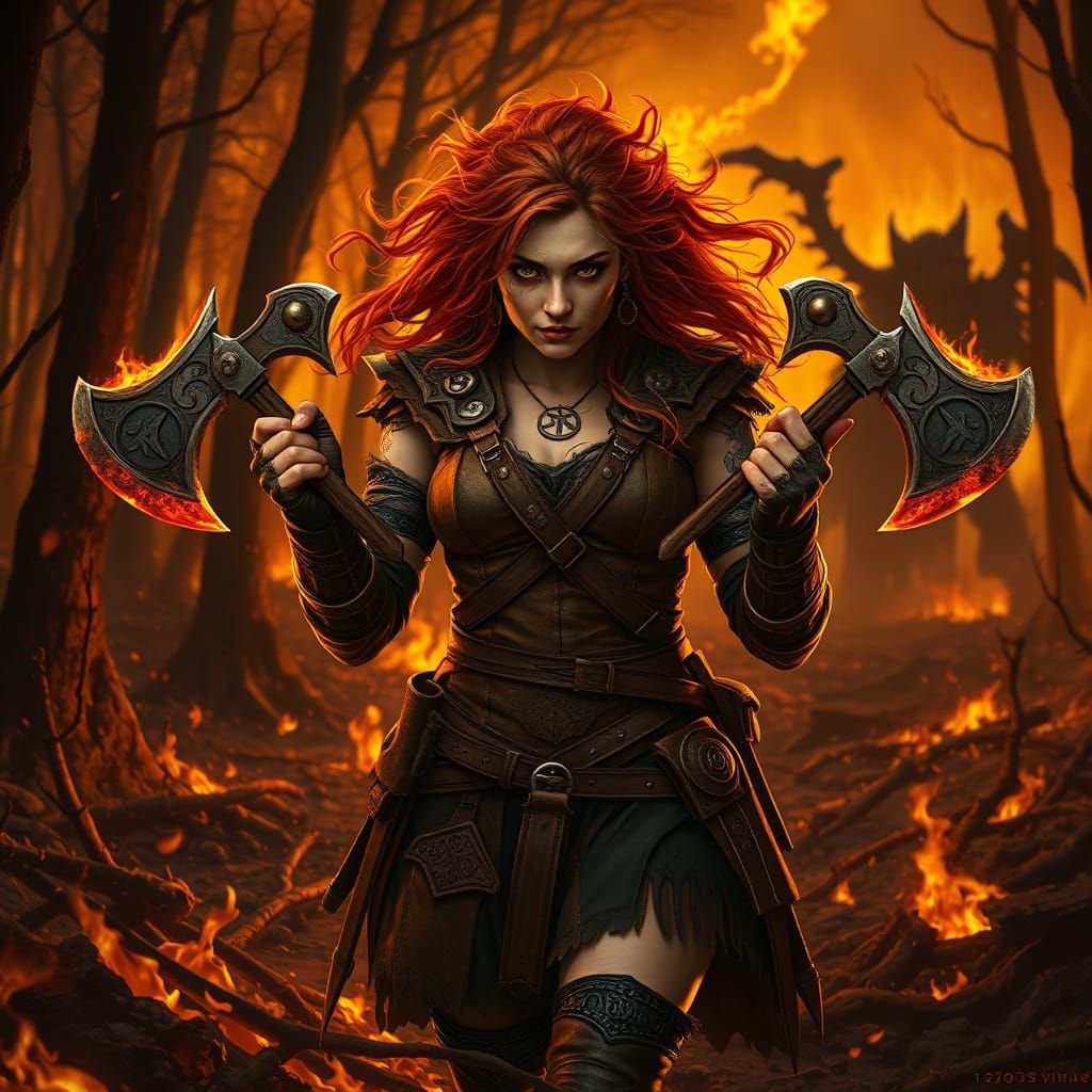 A Fierce Huntress Stalks Through a Burning Forest in Hyper-R...