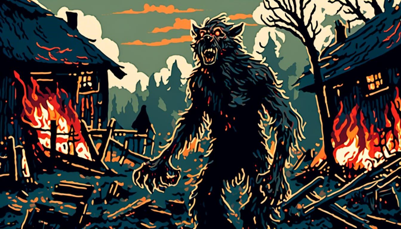 Werewolf Rampage in Burning Village: Hyperreal Scene