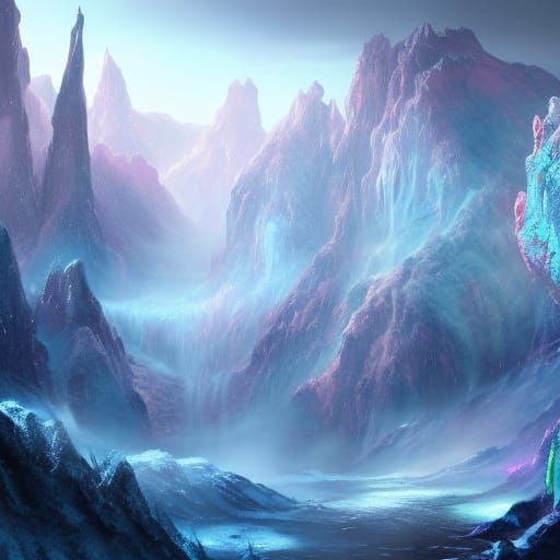 Frozen Waterfall on Alien Planet: Detailed Matte Painting