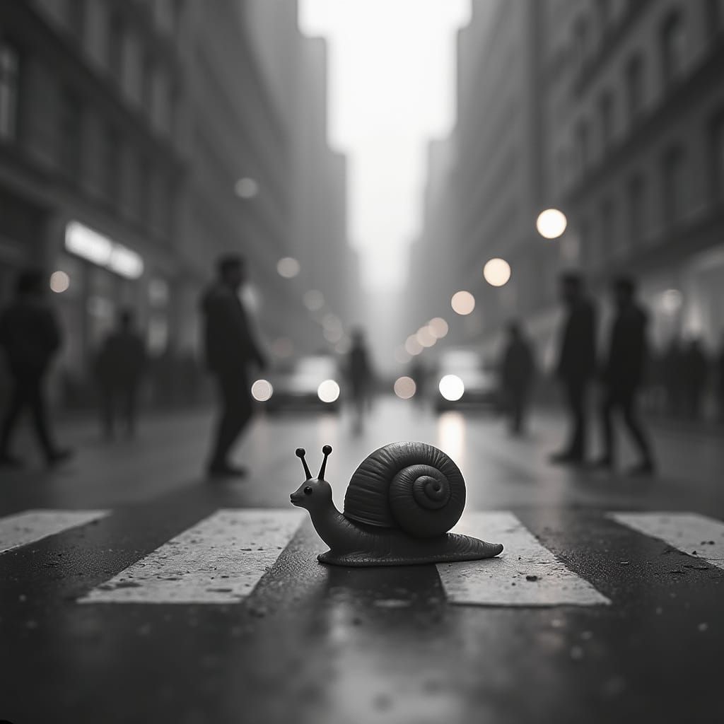 Tiny Chibi Snail Embarks on Urban Adventure in Dreamy Black-...