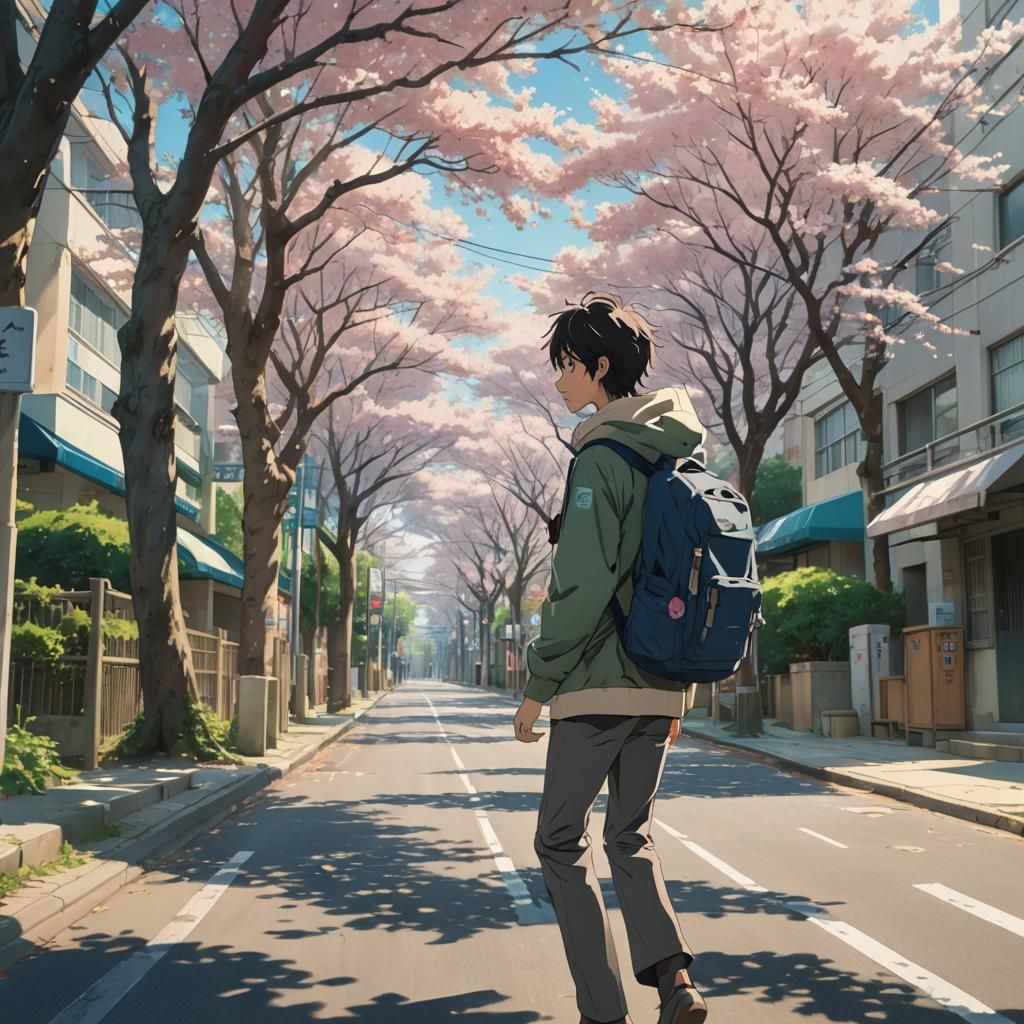 Teenager Walks Down Japanese Street in Anime Style