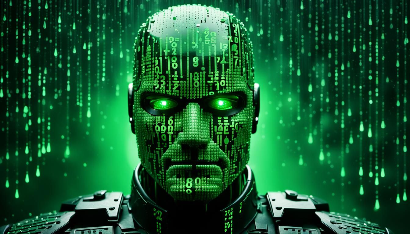 Matrix-Style RoboCop Head in Green Code Rain