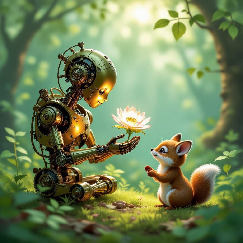 Clockwork Automaton Offers Mechanical Flower in Sunlit Fores...