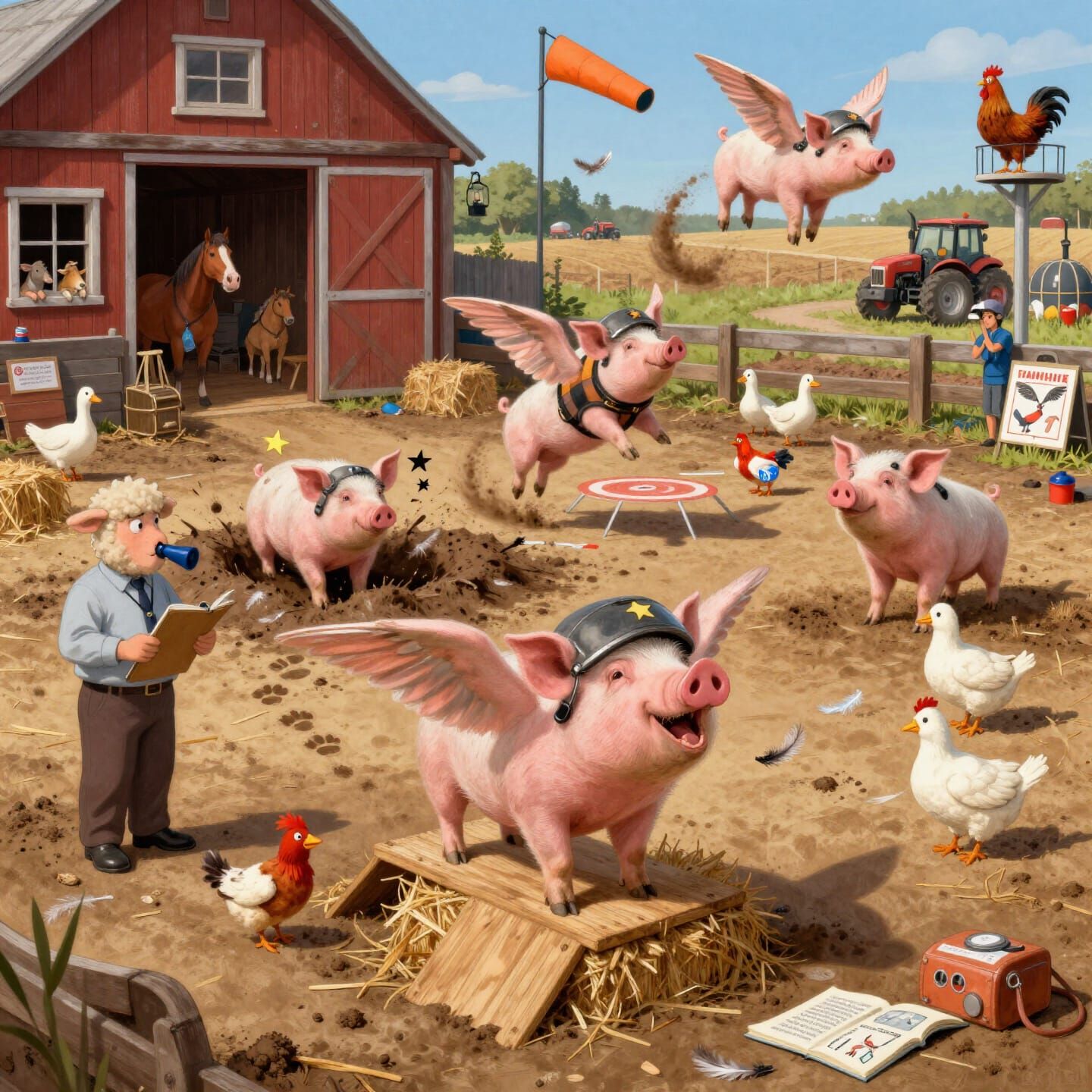 Winged Pigs Training for Flight in Humorous Gouache Painting