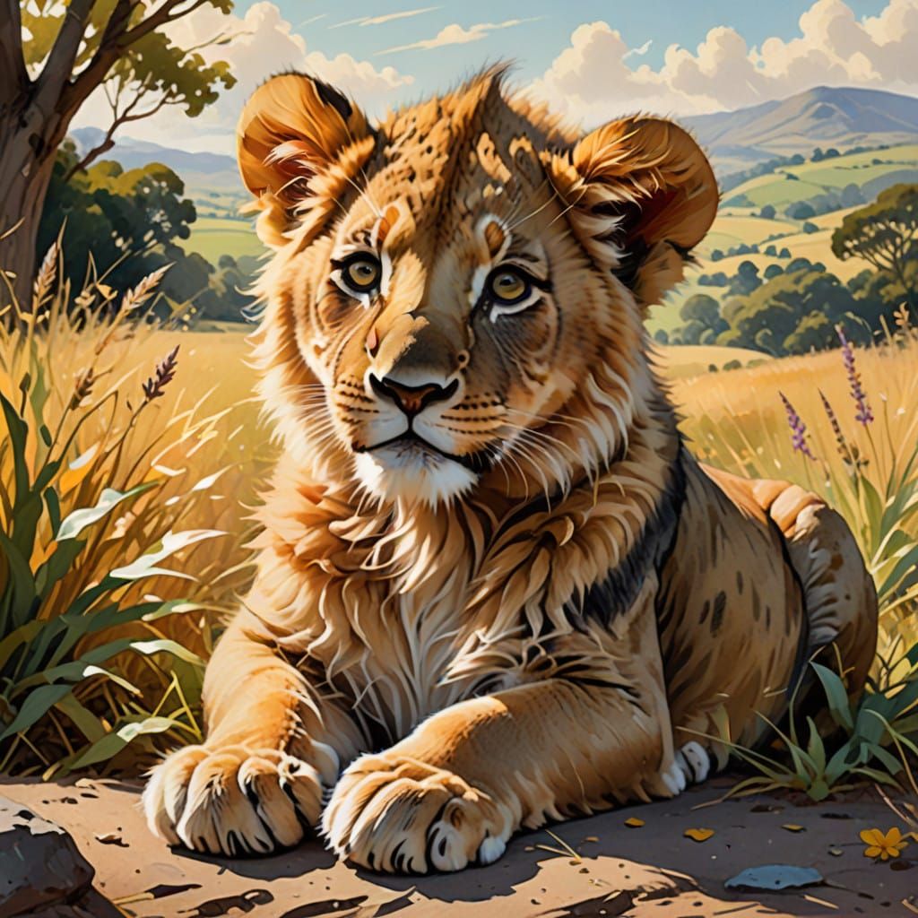 Whimsical Lion Cub in Sunny Savannah