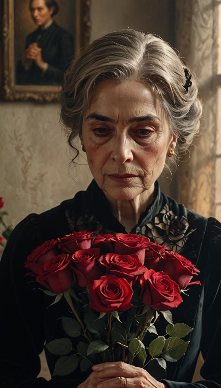 A Sorrowful Widow Contemplates Eternal Love in a Softly Lit...