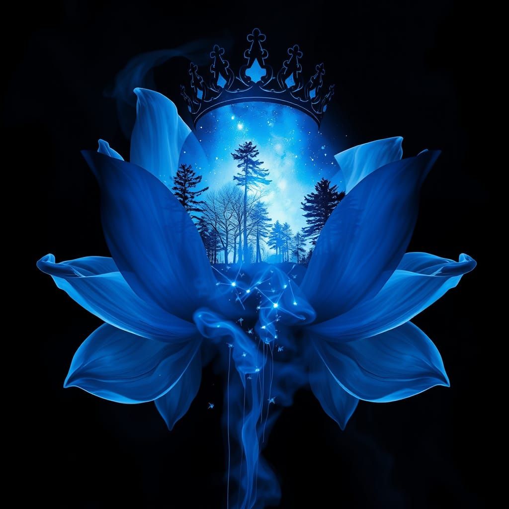 Blue Smoke Lotus Silhouette with Galaxy and Princess