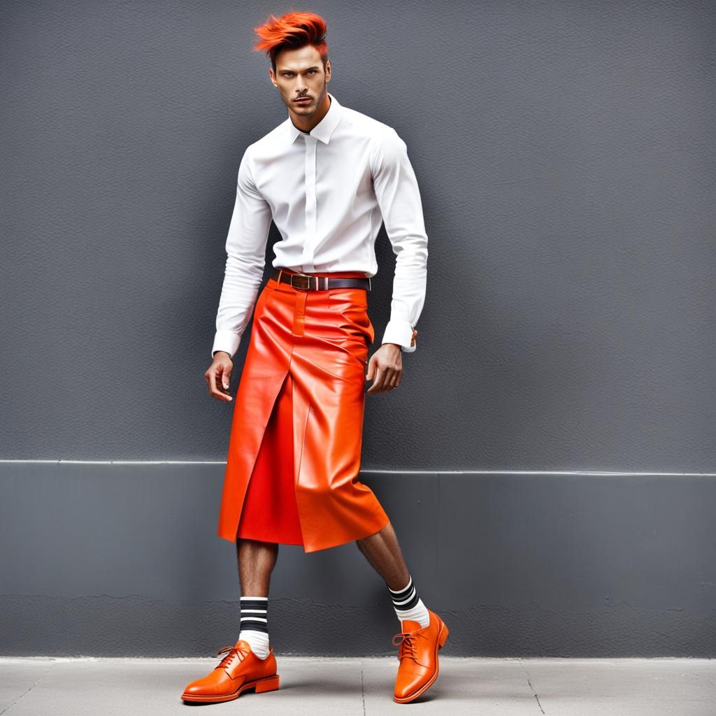 Fashionable Male Model in Jagged Skirt and Vivid Colors