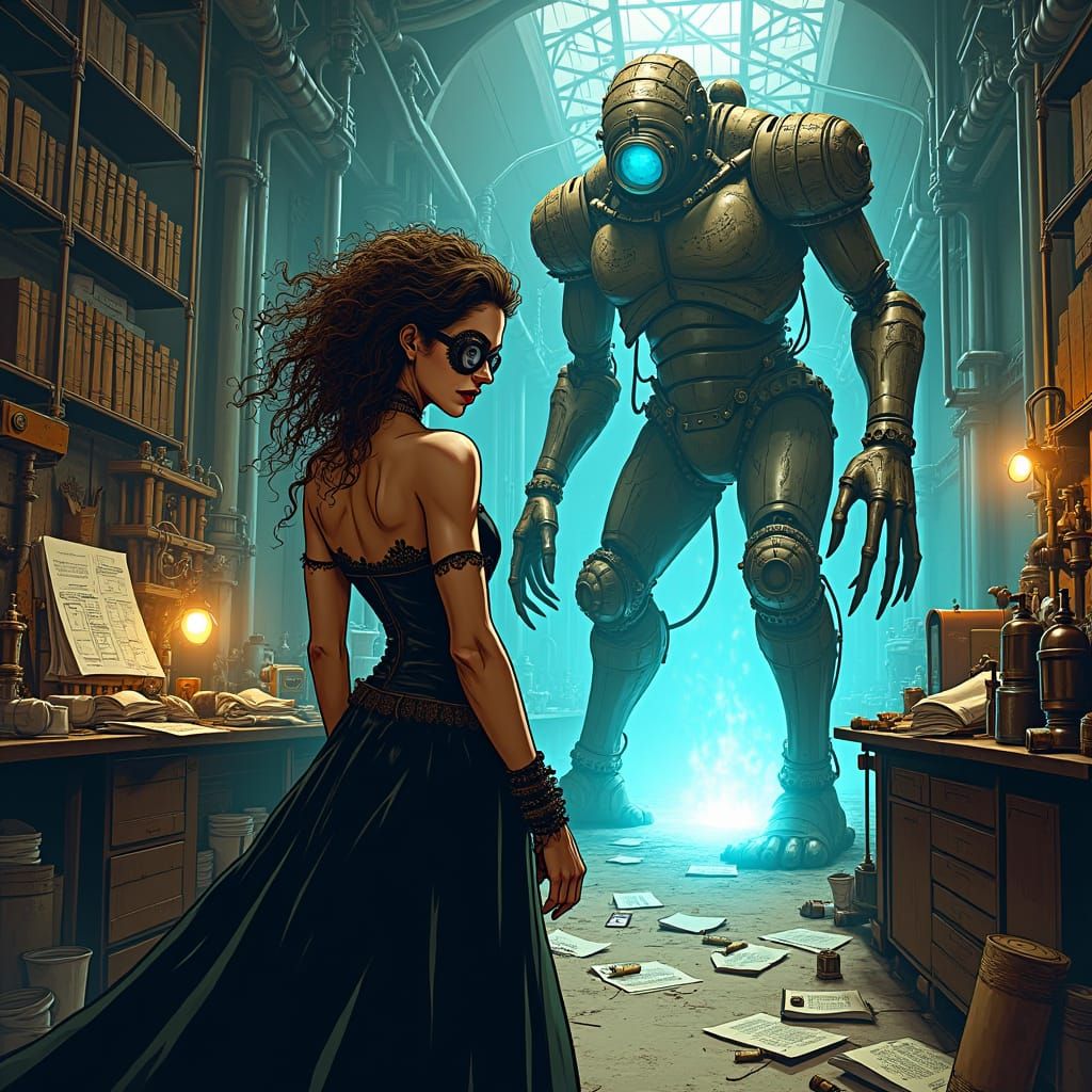 A sinister Victorian-era mad scientist villianese in her laboratory, comic steampunk style, gears and electricity, build...