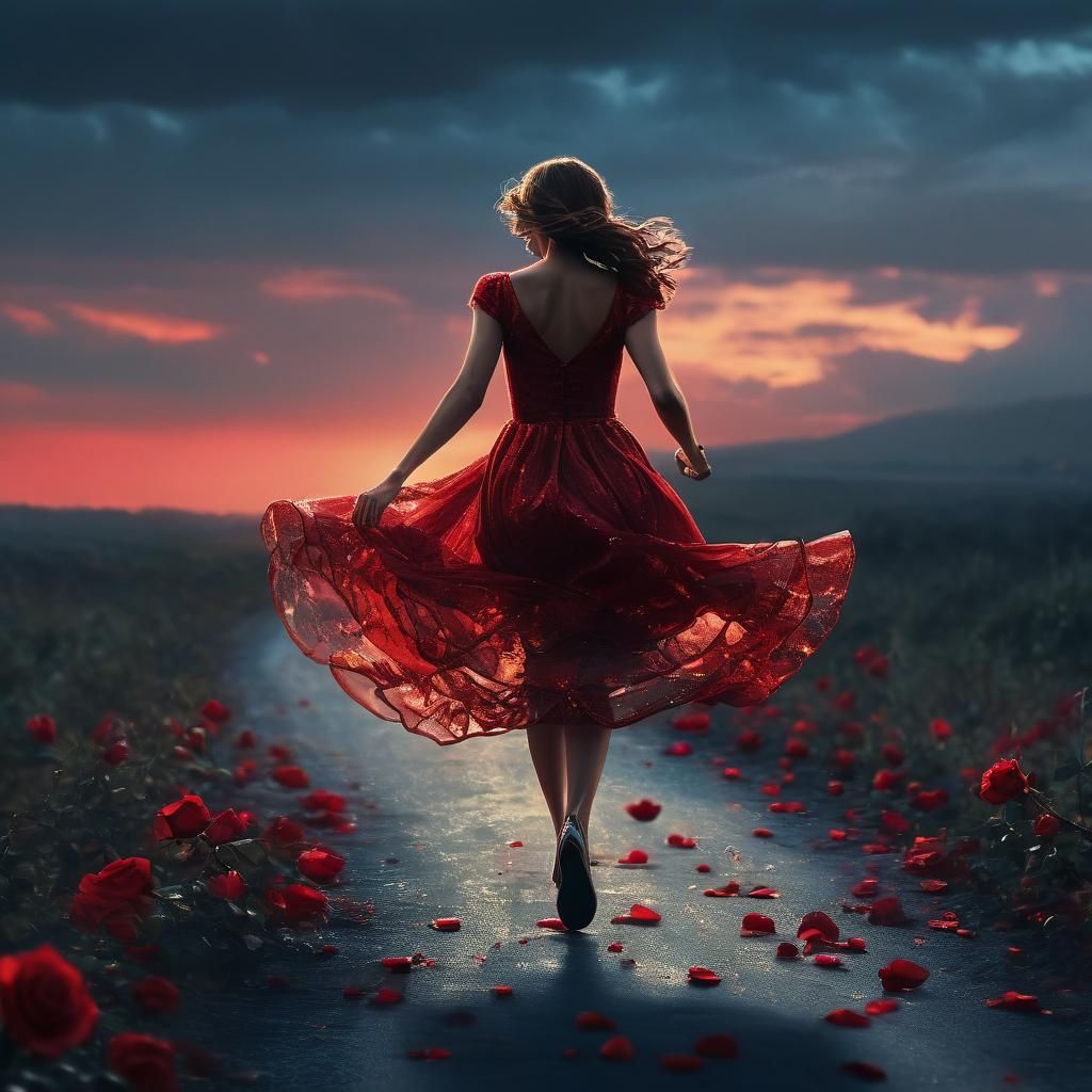 Woman in Red Dress Running Towards Metallic Sunset